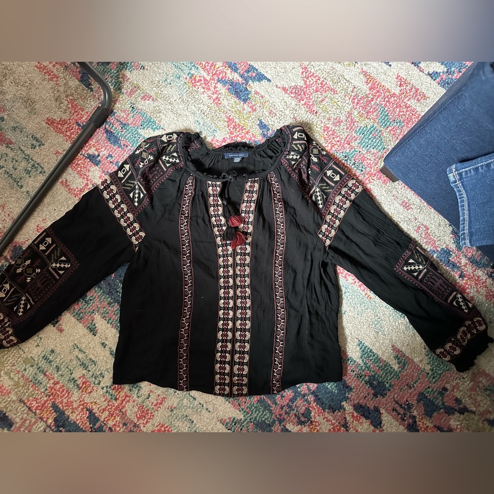 AE WOMEN BLACK LONG SLEEVE EMBROIDERED BLOUSE